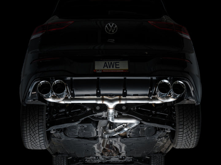 AWE MK8 Volkswagen Golf R 3in Track Edition Quad Exhaust - Chrome Silver Tips - Bull Strap