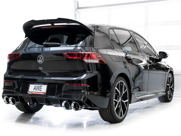 AWE MK8 Volkswagen Golf R 3in Track Edition Quad Exhaust - Chrome Silver Tips - Bull Strap