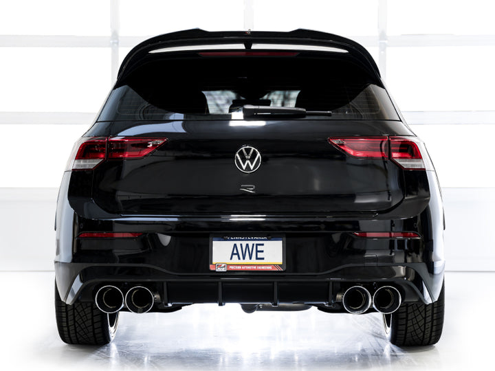 AWE MK8 Volkswagen Golf R 3in Track Edition Quad Exhaust - Chrome Silver Tips - Bull Strap