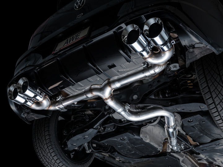 AWE MK8 Volkswagen Golf R 3in Track Edition Quad Exhaust - Chrome Silver Tips - Bull Strap