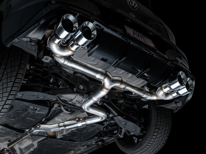 AWE MK8 Volkswagen Golf R 3in Track Edition Quad Exhaust - Chrome Silver Tips - Bull Strap