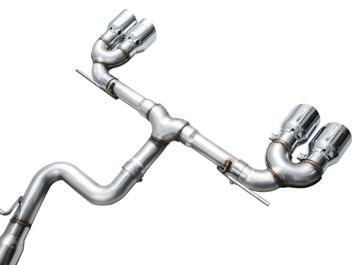 AWE MK8 Volkswagen Golf R 3in Track Edition Quad Exhaust - Chrome Silver Tips - Bull Strap