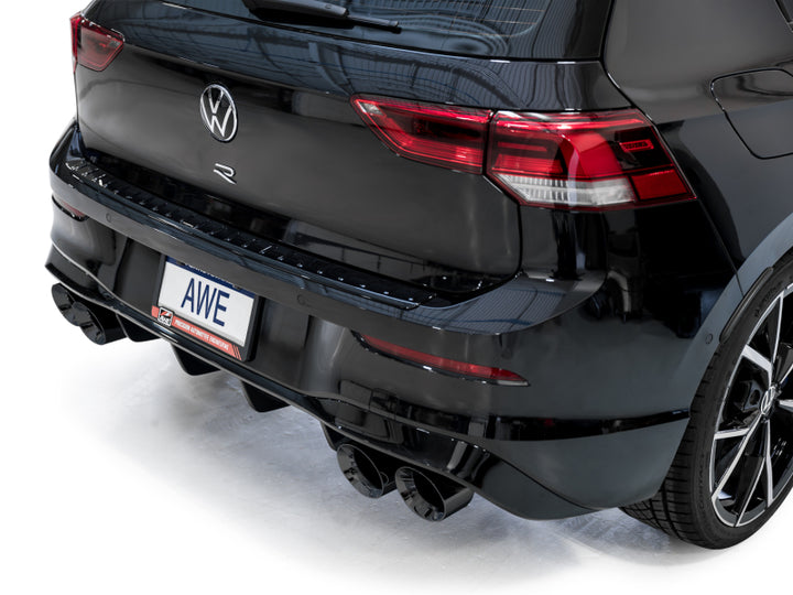 AWE MK8 Volkswagen Golf R 3in Track Edition Quad Exhaust - Diamond Black Tips - Bull Strap