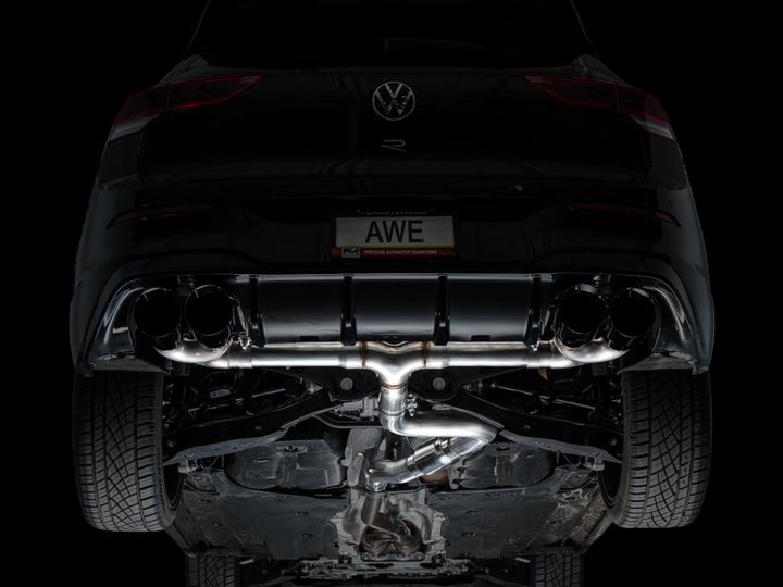 AWE MK8 Volkswagen Golf R 3in Track Edition Quad Exhaust - Diamond Black Tips - Bull Strap