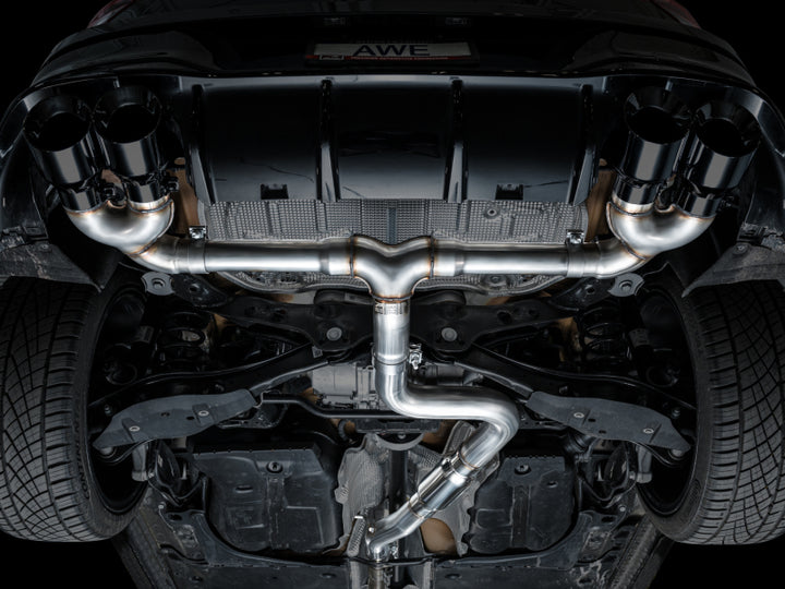 AWE MK8 Volkswagen Golf R 3in Track Edition Quad Exhaust - Diamond Black Tips - Bull Strap