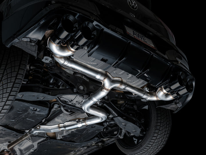 AWE MK8 Volkswagen Golf R 3in Track Edition Quad Exhaust - Diamond Black Tips - Bull Strap