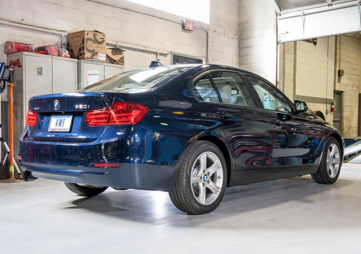AWE Tuning 13-18 BMW 320i (F30) Touring Edition Exhaust w/ Performance Mid Pipe - Diamond Blk Tips - Bull Strap