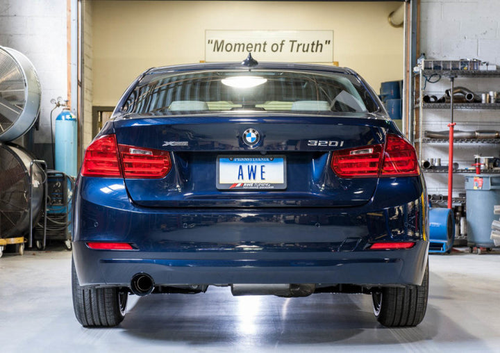 AWE Tuning 13-18 BMW 320i (F30) Touring Edition Exhaust w/ Performance Mid Pipe - Diamond Blk Tips - Bull Strap