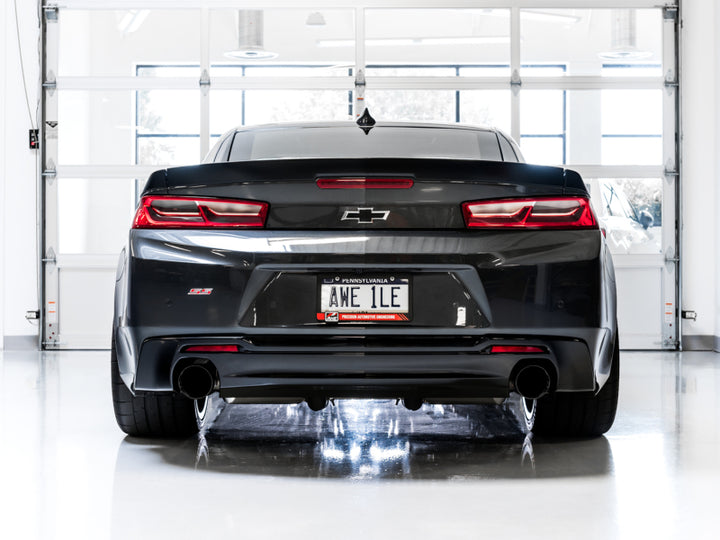 AWE Tuning 16-19 Chevrolet Camaro SS Axle-back Exhaust - Touring Edition (Diamond Black Tips) - Bull Strap