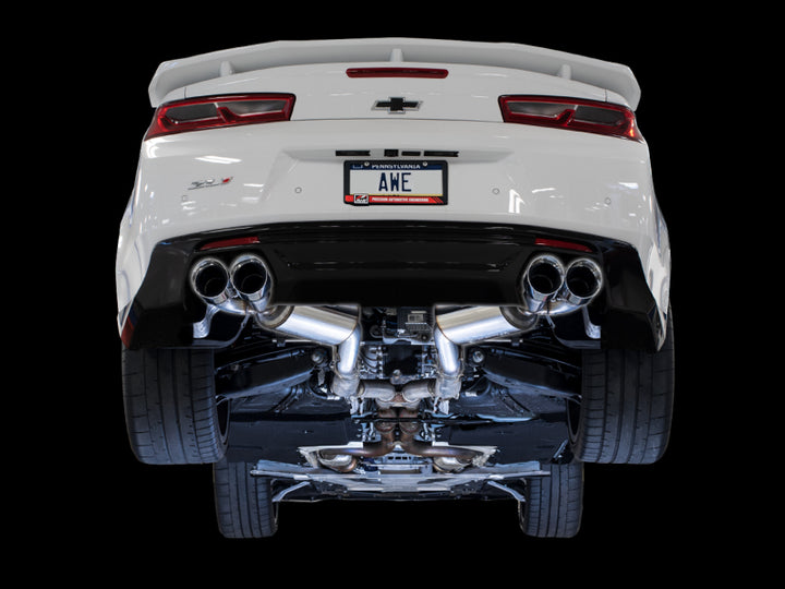 AWE Tuning 16-19 Chevrolet Camaro SS Axle-back Exhaust - Touring Edition (Quad Chrome Silver Tips) - Bull Strap