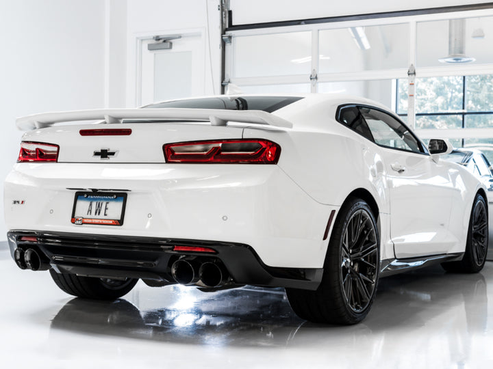 AWE Tuning 16-19 Chevrolet Camaro SS Axle-back Exhaust - Track Edition (Quad Diamond Black Tips) - Bull Strap