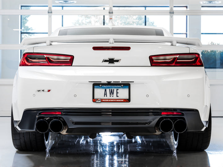 AWE Tuning 16-19 Chevrolet Camaro SS Axle-back Exhaust - Track Edition (Quad Diamond Black Tips) - Bull Strap
