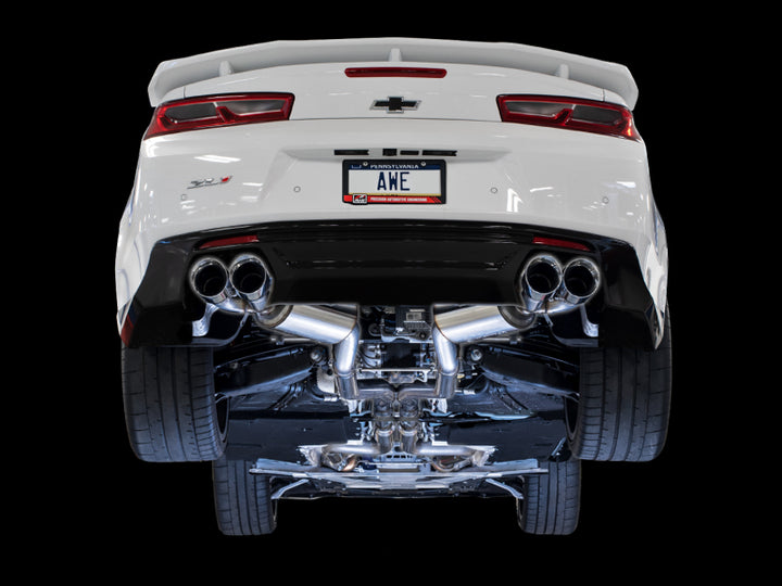 AWE Tuning 16-19 Chevy Camaro SS Res Cat-Back Exhaust -Touring Edition (Quad Chrome Silver Tips) - Bull Strap