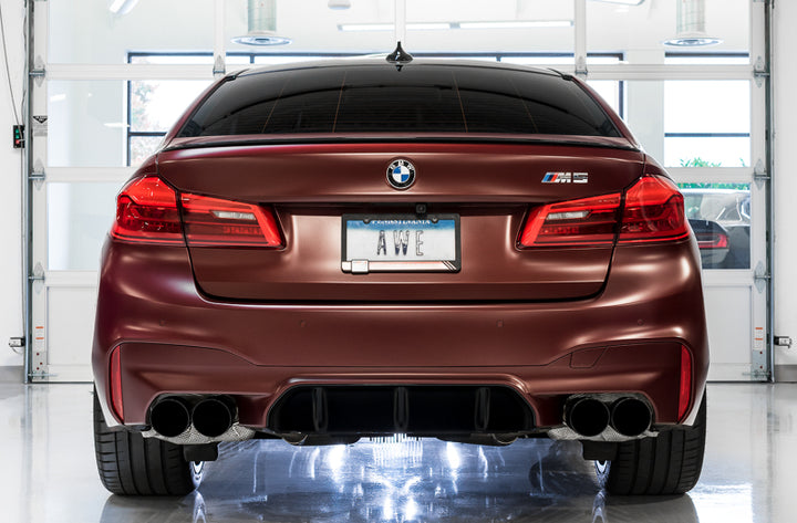 AWE Tuning 18-19 BMW F90 M5 SwitchPatch Cat-Back Exhaust- Black Diamond Tips - Bull Strap