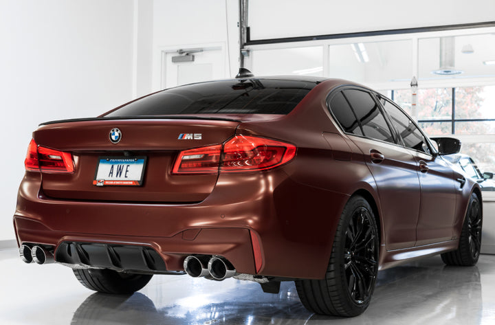 AWE Tuning 18-19 BMW F90 M5 SwitchPatch Cat-Back Exhaust- Black Diamond Tips - Bull Strap