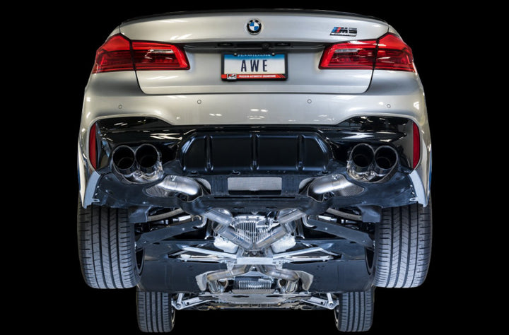 AWE Tuning 18-19 BMW F90 M5 SwitchPatch Cat-Back Exhaust- Black Diamond Tips - Bull Strap