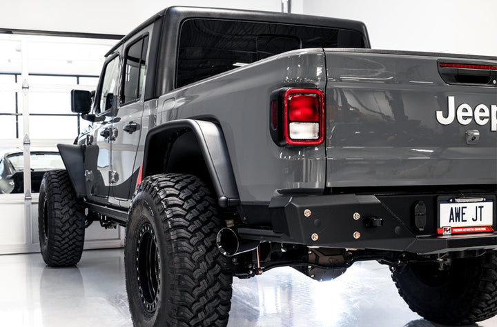 AWE Tuning 20-21 Jeep Gladiator JT 3.6L Tread Edition Cat-Back Dual Exhaust - Diamond Black Tip - Bull Strap