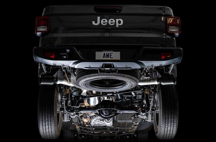 AWE Tuning 20-21 Jeep Gladiator JT 3.6L Tread Edition Cat-Back Dual Exhaust - Diamond Black Tip - Bull Strap