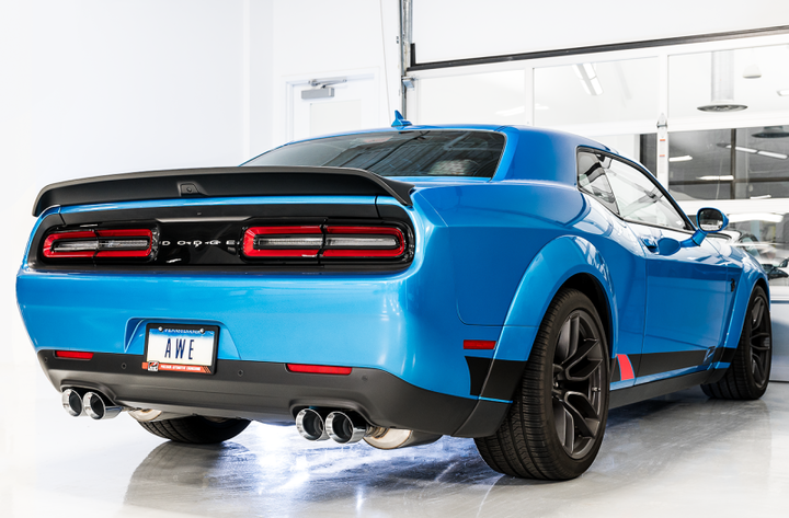 AWE Tuning 2015+ Dodge Challenger 6.4L/6.2L Non-Resonated Touring Edition Exhaust - Quad Silver Tips - Bull Strap