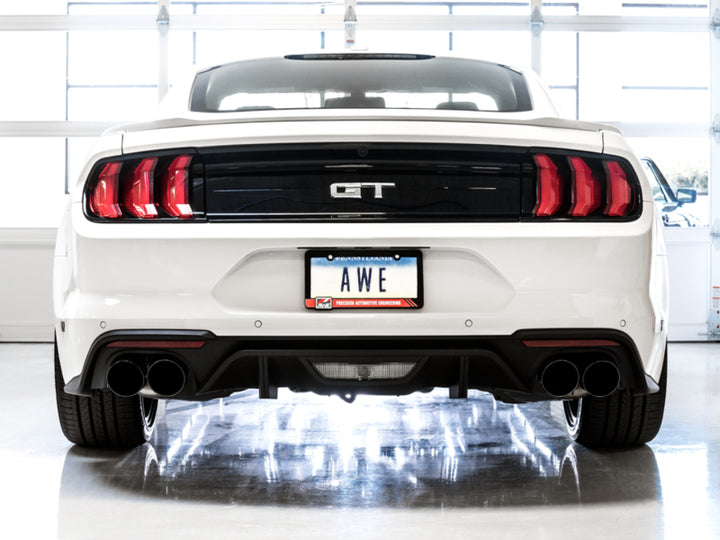 AWE Tuning 2018+ Ford Mustang GT (S550) Cat-back Exhaust - Touring Edition (Quad Diamond Black Tips) - Bull Strap