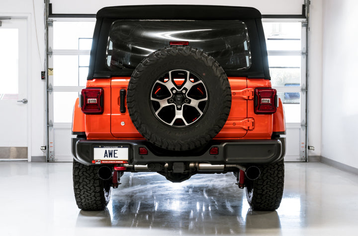 AWE Tuning 2018+ Jeep Wrangler JL/JLU Tread Edition Axle-Back Dual Exhaust - Diamond Black Tips - Bull Strap