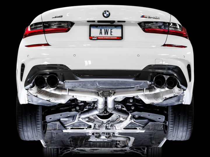 AWE Tuning 2019+ BMW M340i (G20) Track Edition Exhaust - Quad Diamond Black Tips - Bull Strap