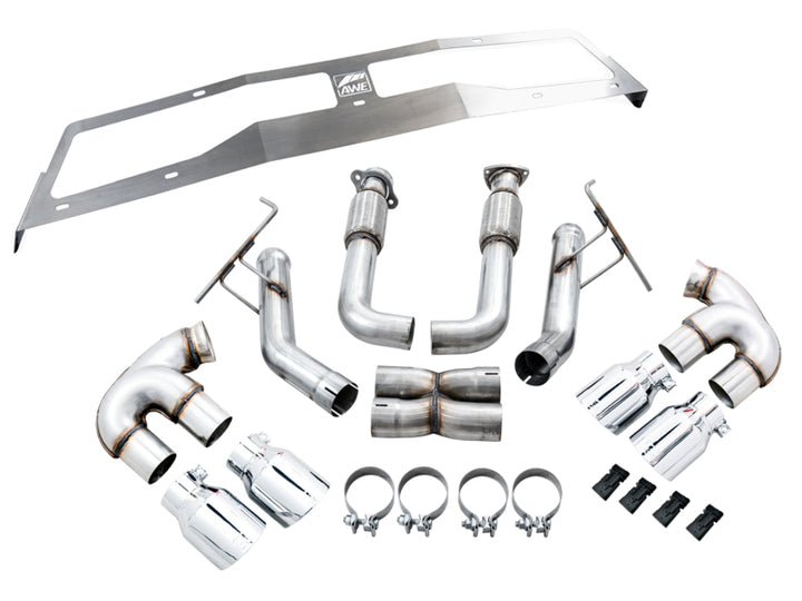 AWE Tuning 2020 Chevrolet Corvette (C8) Track Edition Exhaust - Quad Chrome Silver Tips - Bull Strap