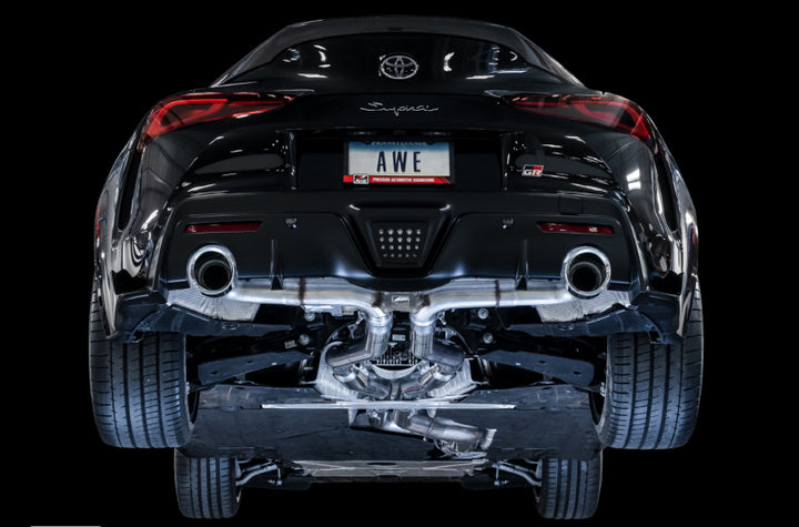 AWE Tuning 2020 Toyota Supra A90 Track Edition Exhaust - 5in Chrome Silver Tips - Bull Strap