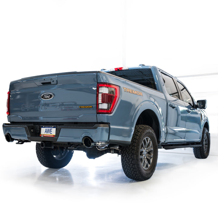 AWE Tuning 2021+ Ford F-150 Tremor (w/ Bumper Cutouts) 0FG Non-Resonated Catback -Diamond Black Tips - Bull Strap