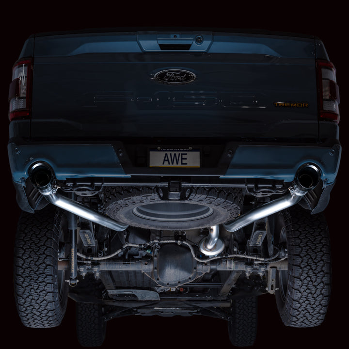 AWE Tuning 2021+ Ford F-150 Tremor (w/ Bumper Cutouts) 0FG Non-Resonated Catback -Diamond Black Tips - Bull Strap