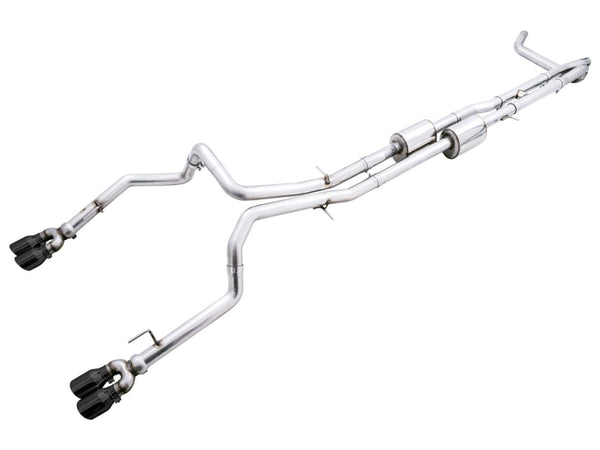 AWE Tuning 22-23 GMC Sierra 1500 AT4X 6.2L 0FG Catback Split Dual (Flat Bumper) - Diamond Black Tips - Bull Strap