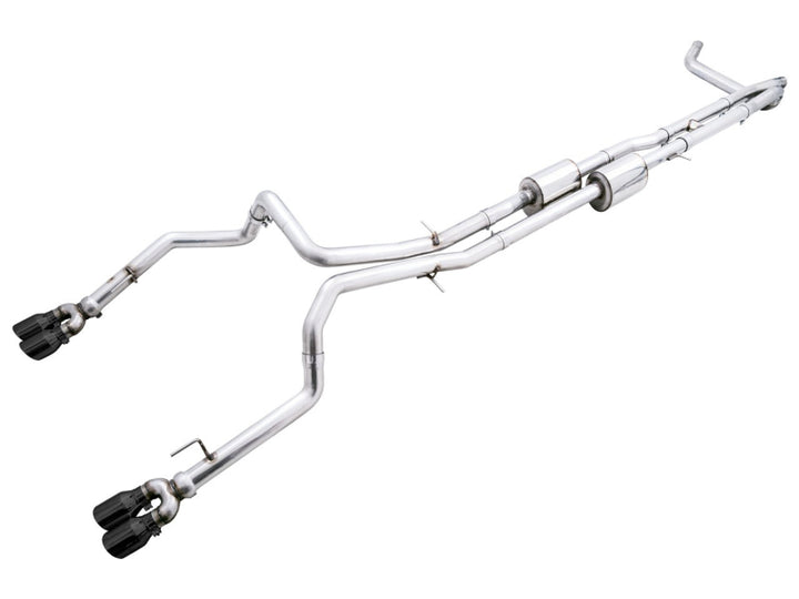 AWE Tuning 22-23 GMC Sierra 1500 AT4X 6.2L 0FG Catback Split Dual (Flat Bumper) - Diamond Black Tips - Bull Strap