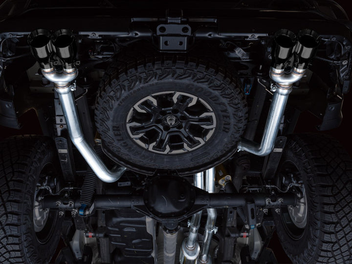 AWE Tuning 22-23 GMC Sierra 1500 AT4X 6.2L 0FG Catback Split Dual (Flat Bumper) - Diamond Black Tips - Bull Strap