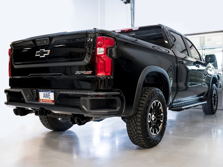 AWE Tuning 22-23 GMC Sierra 1500 AT4X 6.2L 0FG Catback Split Dual (Flat Bumper) - Diamond Black Tips - Bull Strap