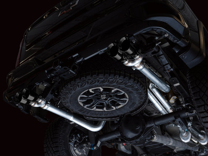 AWE Tuning 22-23 GMC Sierra 1500 AT4X 6.2L 0FG Catback Split Dual (Flat Bumper) - Diamond Black Tips - Bull Strap