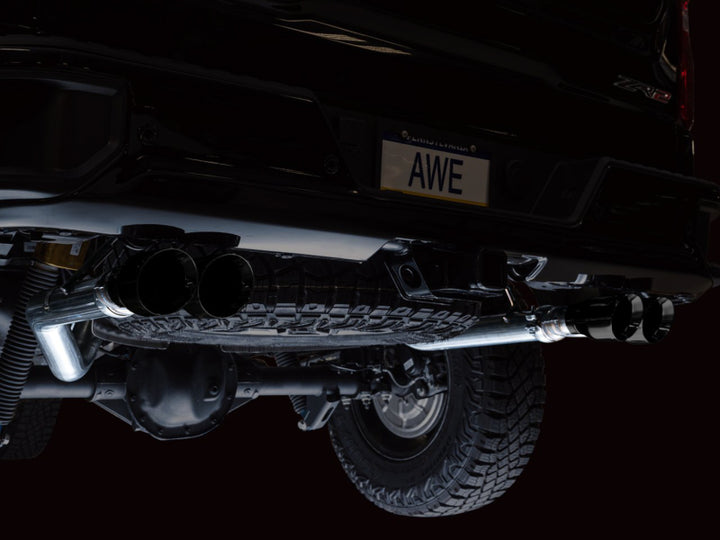AWE Tuning 22-23 GMC Sierra 1500 AT4X 6.2L 0FG Catback Split Dual (Flat Bumper) - Diamond Black Tips - Bull Strap