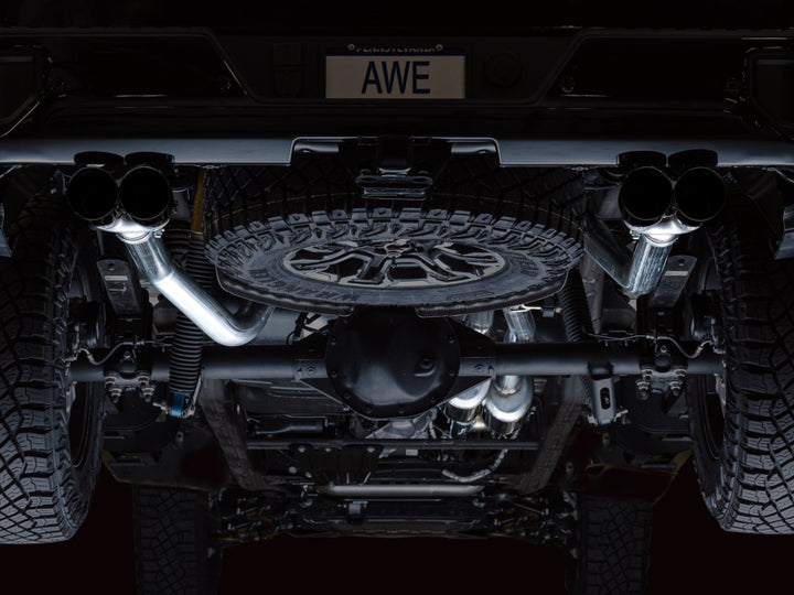 AWE Tuning 22-23 GMC Sierra 1500 AT4X 6.2L 0FG Catback Split Dual (Flat Bumper) - Diamond Black Tips - Bull Strap
