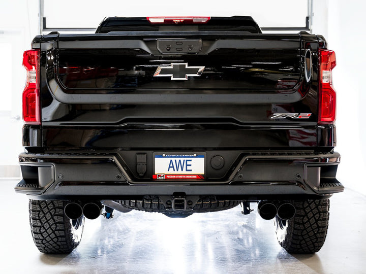 AWE Tuning 22-23 GMC Sierra 1500 AT4X 6.2L 0FG Catback Split Dual (Flat Bumper) - Diamond Black Tips - Bull Strap