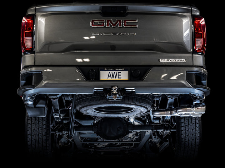 AWE Tuning 4th Gen GM 1500 5.3L 0FG Catback Dual Side Exit (Flat Bumper) - Chrome Tips - Bull Strap
