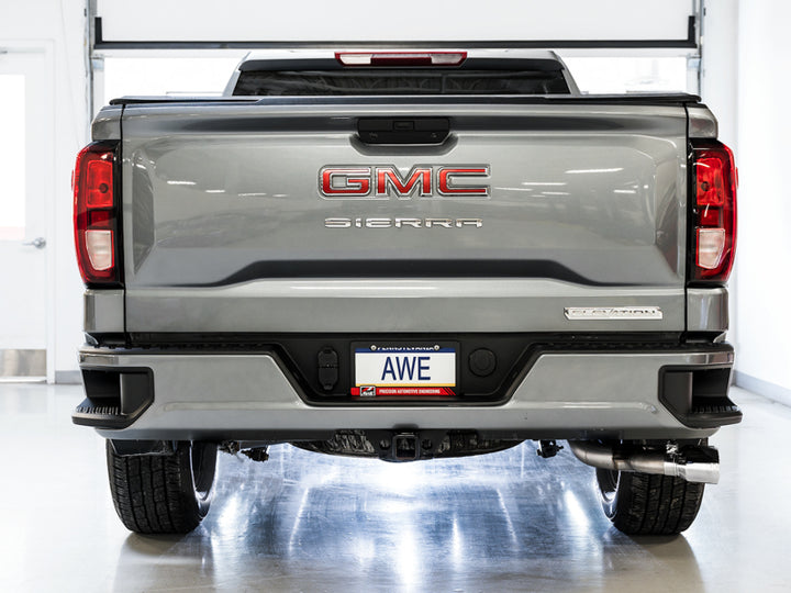 AWE Tuning 4th Gen GM 1500 5.3L 0FG Catback Dual Side Exit (Flat Bumper) - Chrome Tips - Bull Strap