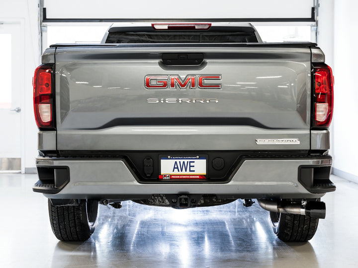 AWE Tuning 4th Gen GM 1500 5.3L 0FG Catback Dual Side Exit (Flat Bumper) - Diamond Tips - Bull Strap