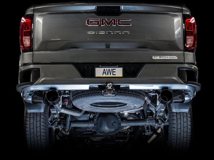 AWE Tuning 4th Gen GM 1500 5.3L 0FG Catback Split Rear Exit (Flat Bumper) - Dual Diamond Tips - Bull Strap