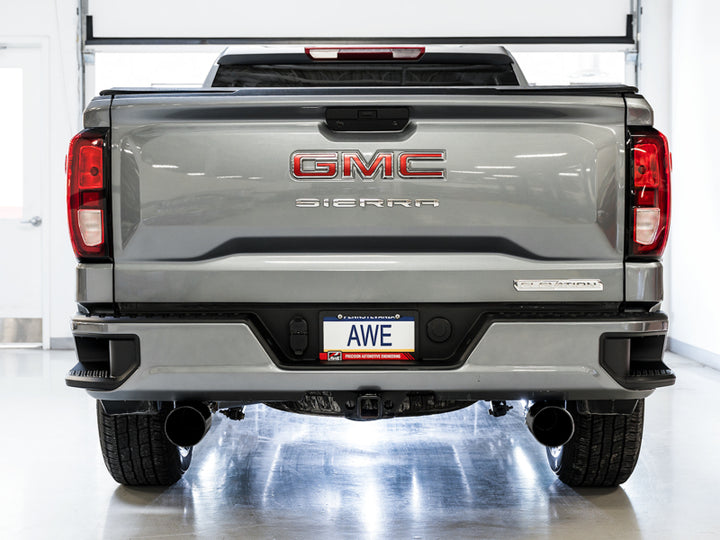 AWE Tuning 4th Gen GM 1500 5.3L 0FG Catback Split Rear Exit (Flat Bumper) - Dual Diamond Tips - Bull Strap