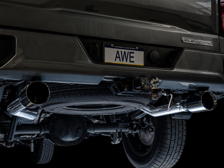 AWE Tuning 4th Gen GM 1500 5.3L 0FG Catback Split Rear Exit (Flat Bumper) - Dual Diamond Tips - Bull Strap