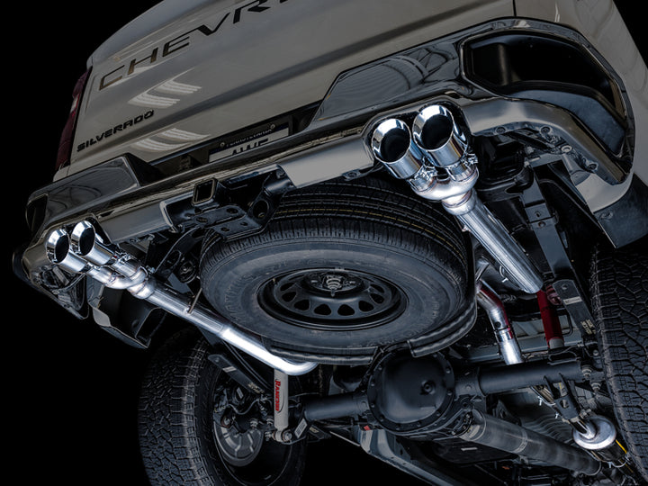 AWE Tuning 4th Gen GM 1500 5.3L 0FG Catback Split Rear Exit (w/ Bumper Cutouts) - Quad Chrome Tips - Bull Strap