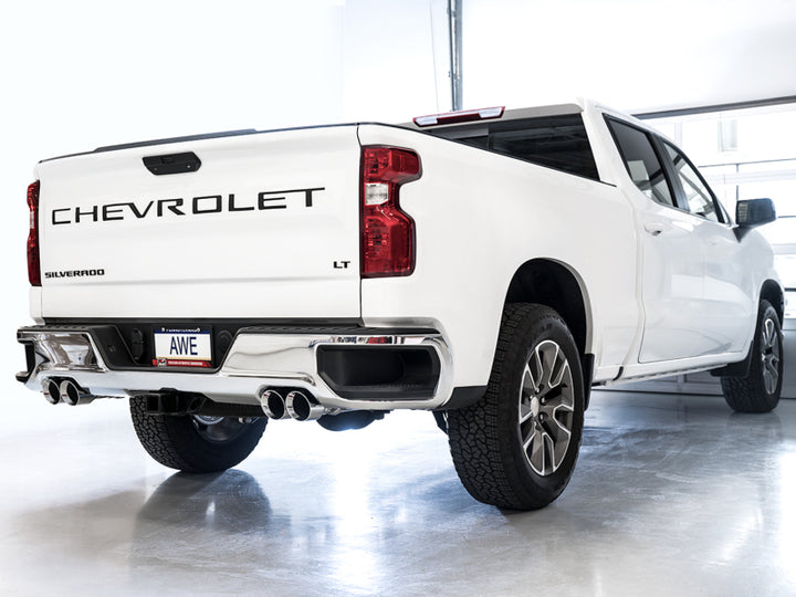 AWE Tuning 4th Gen GM 1500 5.3L 0FG Catback Split Rear Exit (w/ Bumper Cutouts) - Quad Chrome Tips - Bull Strap