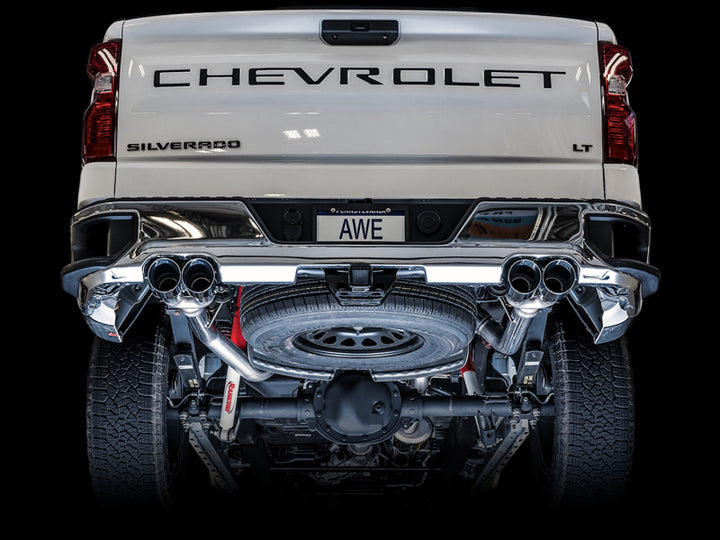 AWE Tuning 4th Gen GM 1500 5.3L 0FG Catback Split Rear Exit (w/ Bumper Cutouts) - Quad Chrome Tips - Bull Strap