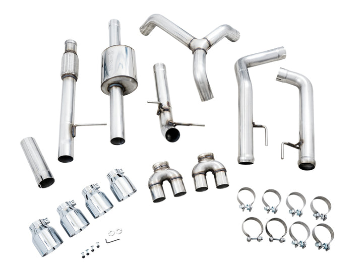 AWE Tuning 4th Gen GM 1500 5.3L 0FG Catback Split Rear Exit (w/ Bumper Cutouts) - Quad Chrome Tips - Bull Strap