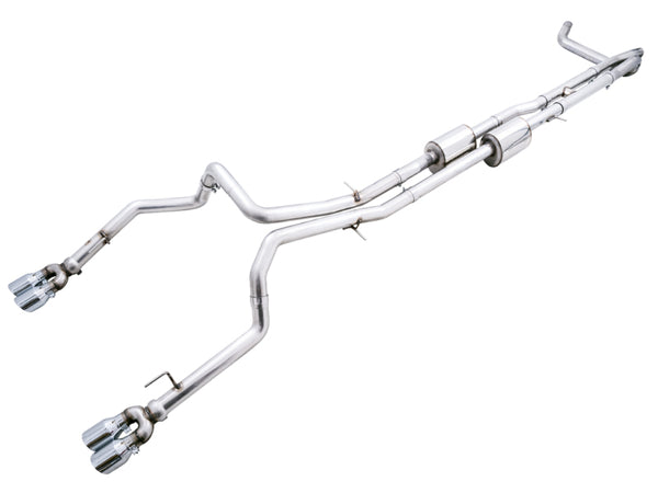 AWE Tuning 4th Gen GM 1500 6.2L 0FG Catback Split Rear Exit (w/ Bumper Cutouts) - Quad Chrome Tips - Bull Strap