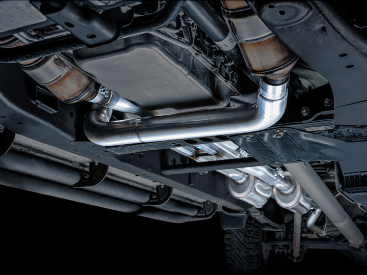 AWE Tuning 4th Gen GM 1500 6.2L 0FG Catback Split Rear Exit (w/ Bumper Cutouts) - Quad Chrome Tips - Bull Strap